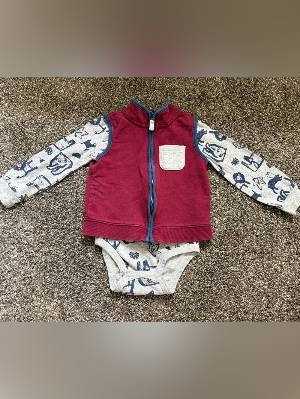 Carter's Burgundy & Navy Trim Zip Vest with Gray Printed Bodysuit